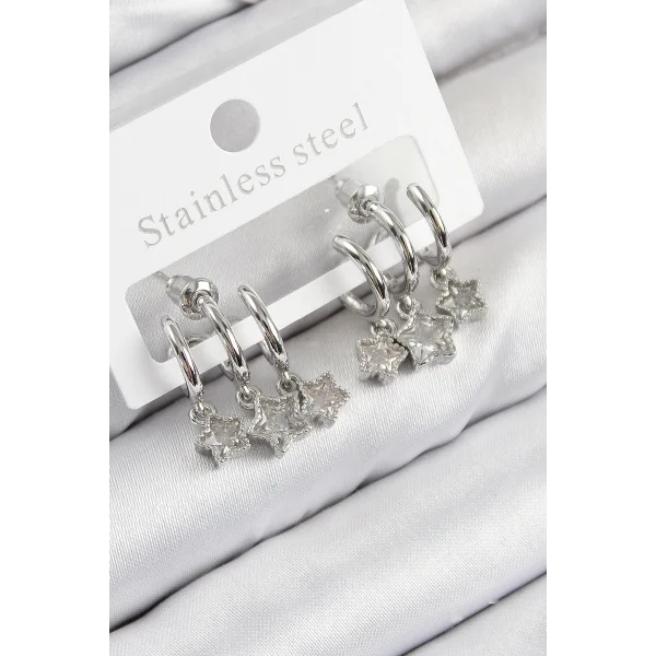 Pirinç Zirkon Taşlı Sallantılı Yıldız Model Gümüş Renk Kadın Küpe