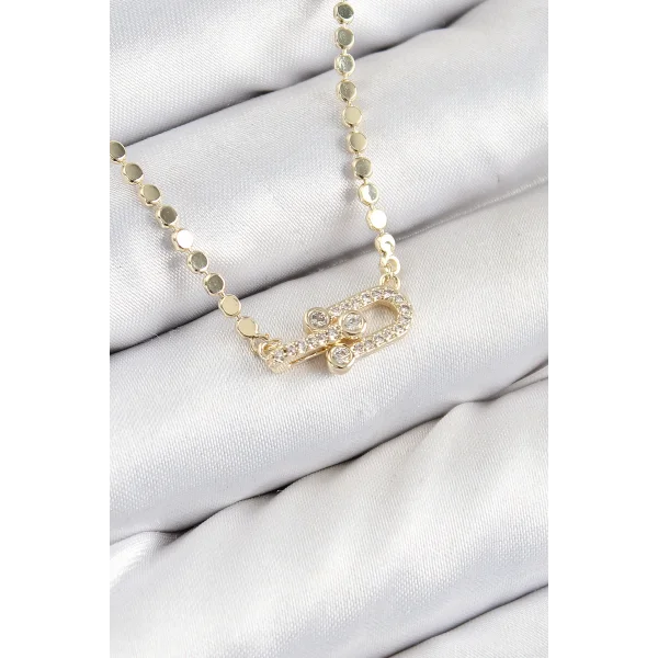 Pirinç Zirkon Taşlı Tifany Model Ezme Zincir Gold Renk Kadın Kolye