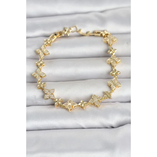 Pirinç Zirkon Taşlı Yonca Model Gold Renk Kadın Bileklik