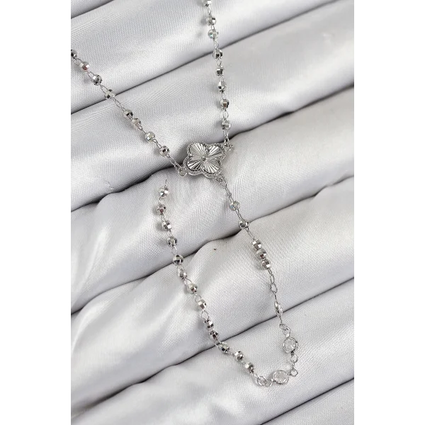 Pirinç Zirkon Taşlı Yonca Model Gümüş Renk Kadın Y Kolye