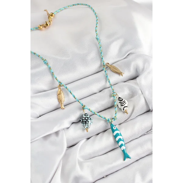Seramik Motifli Balık Figürlü Model Mavi İp Kadın Kolye