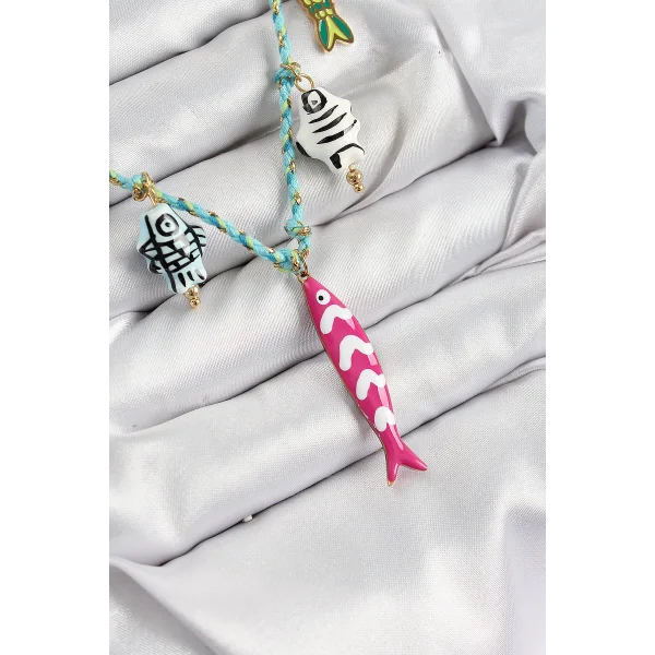 Seramik Motifli Pembe Balık Figürlü Model Mavi İp Kadın Kolye