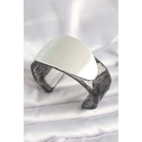 Siyah Mermer Desen Akrilik Plastik Gümüş Oval Plaka Model Vintage Kadın Bilezik