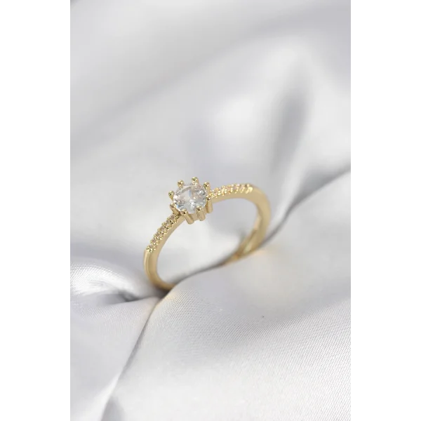 Tek Taş Model Gold Renk Zirkon Taşlı Kadın Yüzük