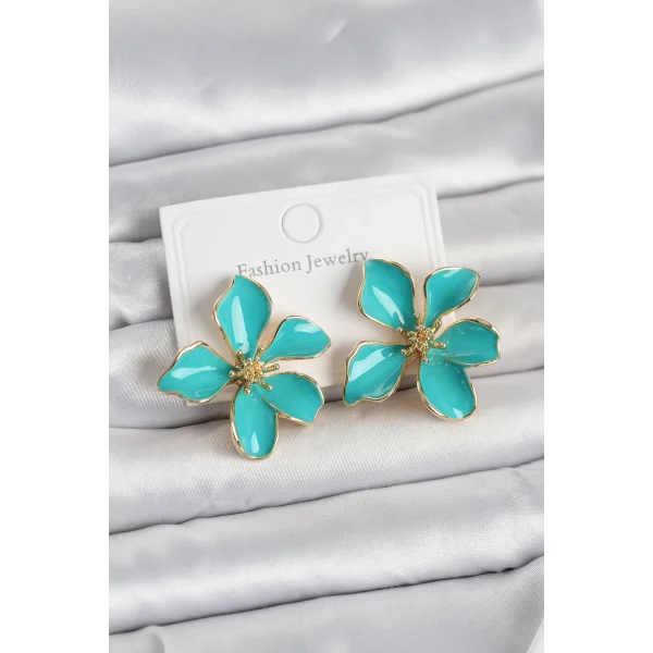 Turkuaz Mineli Çiçek Model Pirinç Kadın Küpe