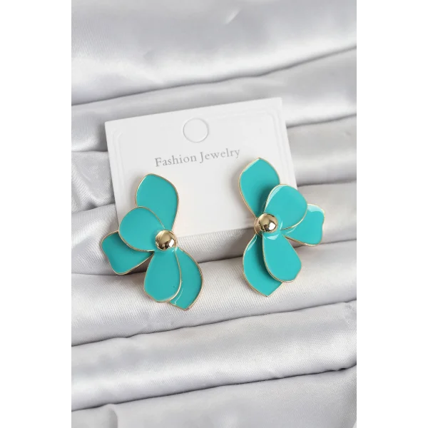 Turkuaz Mineli Lotus Model Pirinç Kadın Küpe