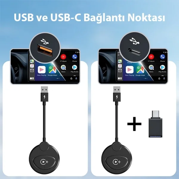 USB+Type-C Apple Kablosuz Wireless Carplay Adaptör Çevirici -Youtube Netflix Tiktok Video Yansıtıcı-(5775)