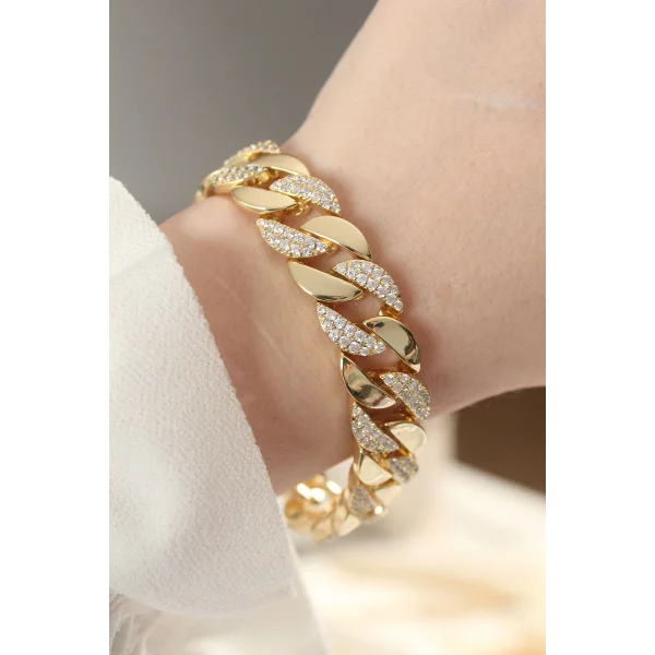 Vip Seri Pirinç Zirkon Taşlı Gold Renk Gurmet Bileklik
