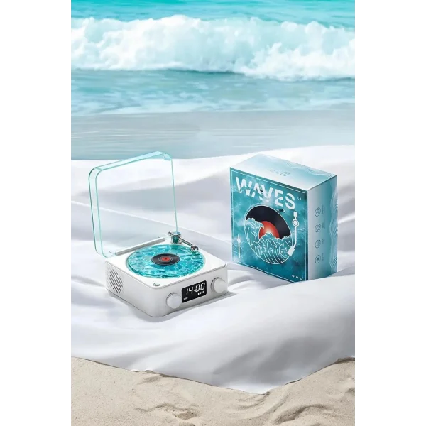 Waves Nostalji Plak Görünümlü Bluetooth Hoparlör 3d Ses Dalgası Retro Müzik Plak Mavi