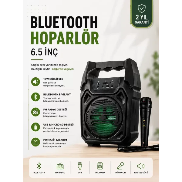 Yeni Nesil 6.5 İnç Bluetooth Hoparlör Mikrofonlu Taşınabilir Ses Sistemi