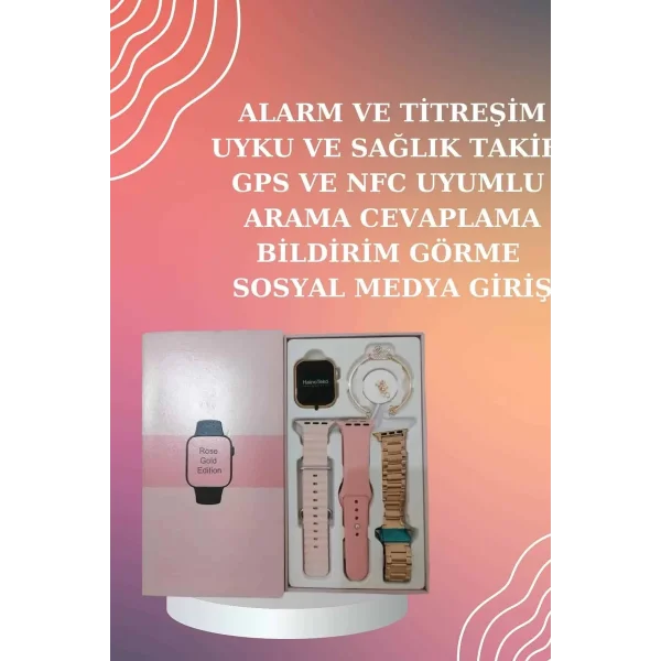 Yeni Nesil Pembe Dokunmatik Ekran Akıllı Saat ve Oyuncu Kulaklığı Kablosuz Bluetooth Kulaklık