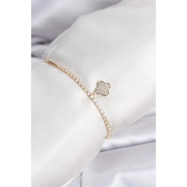 Yonca Model Zirkon Taşlı Gold Renk Asansörlü Su Yolu Bileklik