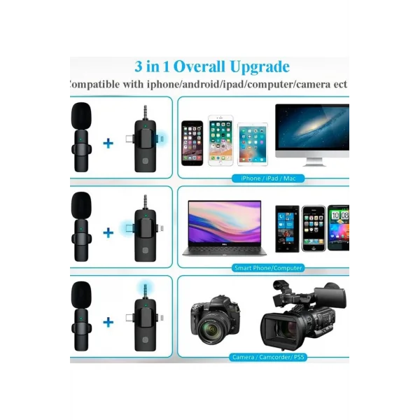 Yüksek Kalite Profesyonel 3 In 1 Kablosuz Taşınabilir Yaka Mikrofonu Youtube Facebook Tiktok
