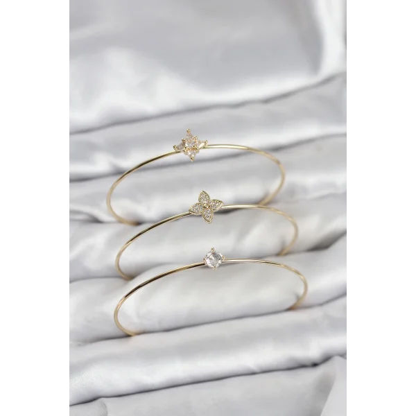 Zirkon Taşlı Gold Renk Yonca Model 3lü Kadın Bileklik Kombini