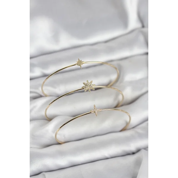 Zirkon Taşlı Kutup Yıldızı Model Gold Renk 3lü Kadın Bileklik Kombini