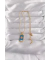 316L Çelik Gold Renk Mavi Mineli Güneş Model Tarot Kolye