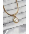 316L Çelik Gold Renk Yassı Zincir İnci Taşlı Kolye