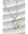 316L Çelik Gold Renk Zincir Mavi Mineli İnci Çiçek İşlemeli Zirkon Taş Detaylı Madalyon Model Kadın Kolye
