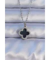 316L Çelik Gümüş Renk Siyah Mineli Zirkon Taşlı Yonca Figürlü Kolye