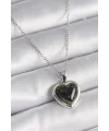 316L Çelik Gümüş Renk Yeşil Mineli Kalp Model Kadın Kolye