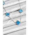 316L Çelik Zincir Gümüş Buz Mavisi Renk Yonca Kadın Kolye