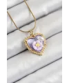 316L Çelik Zincir Mor Sanatsal Portre İnci Detaylı Papatya Figürlü Kalp Model Gold Renk Kadın Kolye