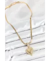 316L Çelik Zirkon Taşlı Kalp Model Gold Renk Kadın Kolye