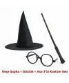 Harry Potter Tarzı Çocuk Seti (siyah Keçe Şapka, Asa, Gözlük)