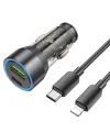 HOCO NZ12A Action PD43W USB + Type-C Araç Çakmaklık Hızlı Şarj Aleti + Type-C to iPhone Lightning Ka-(5775)