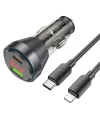HOCO NZ12B Unimpeded PD48W USB + Type-C Araç Çakmaklı Hızlı Şarj Aleti + Type-C to iPhone Kablo-(5775)