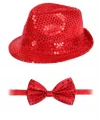 Kırmızı Payetli Şapka Ve Papyon Seti – Parıltılı Yetişkin Kostüm Seti