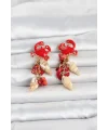 Kırmızı Yengeç Model Deniz Kabuğu Detaylı Kadın Küpe