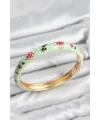 Mineli Pirinç Su Yeşili Çiçek Motifli Gold Kadın Kelepçe