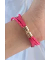 Pembe Renk Zirkon Taşlı Deri Çoklu Bileklik