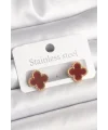 Pirinç Gold Renk Bordo Yonca Model Kadın Küpe