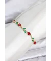 Pirinç Gold Renk Kırmızı Zirkon Taşlı Çiçek Model Kadın Bileklik