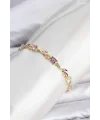 Pirinç Gold Renk Pembe ve Mor Zirkon Taşlı Çiçek Model Kadın Bileklik