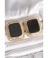 Pirinç Gold Renk Siyah Mineli Kare Model Kadın Küpe