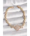 Pirinç Gold Renk Zirkon Taşlı Yonca Model Zincir Kadın Bileklik