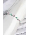 Pirinç Gümüş Renk Pembe Zirkon Taşlı Çiçek Model Kadın Bileklik