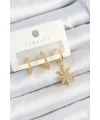 Pirinç Zirkon Taşlı Kutup Yıldızı Model Gold Renk 3lü Çift Kadın Küpe Set