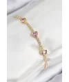 Pirinç Zirkon Taşlı Pembe Kalp Model Gold Renk Kadın Bileklik