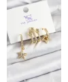 Pirinç Zİrkon Taşlı Sallantılı Yıldız Model Gold Renk 3lü Kadın Küpe