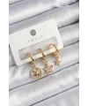 Pirinç Zirkon Taşlı Yıldız Model Gold Renk 3lü Çift Kadın Küpe Set