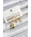Pirinç Zirkon Taşlı Yıldız Ve Ay Model Gold Renk 3lü Çift Kadın Küpe Set