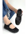 Sina Siyah Hakiki Deri Cırt Cırtlı Babet Ayakkabı