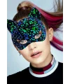 Siyah Kadife Kumaş Üzerine Mavi Yeşil Payetli Pullu Parti Maskesi 16x14 Cm