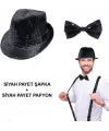 Siyah Payetli Şapka Ve Papyon Seti – Parıltılı Yetişkin Kostüm Seti