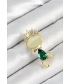 Yeşil Damla Zirkon Taşlı Kraliçe Taçlı Kedi Figürlü Gold Renk Kadın Broş