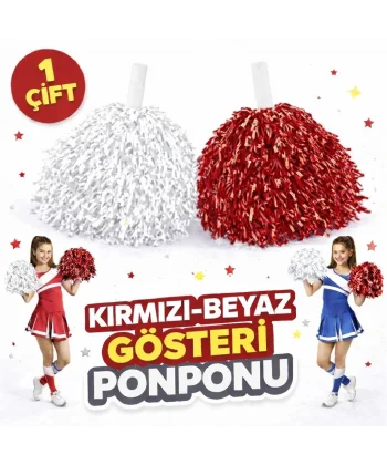 1 Çift ( 2 Adet ) Kırmızı-beyaz Renk 23 Nisan 19 Mayıs 29 Ekim Okul Gösteri Ponponları Ekstra Dolgun
